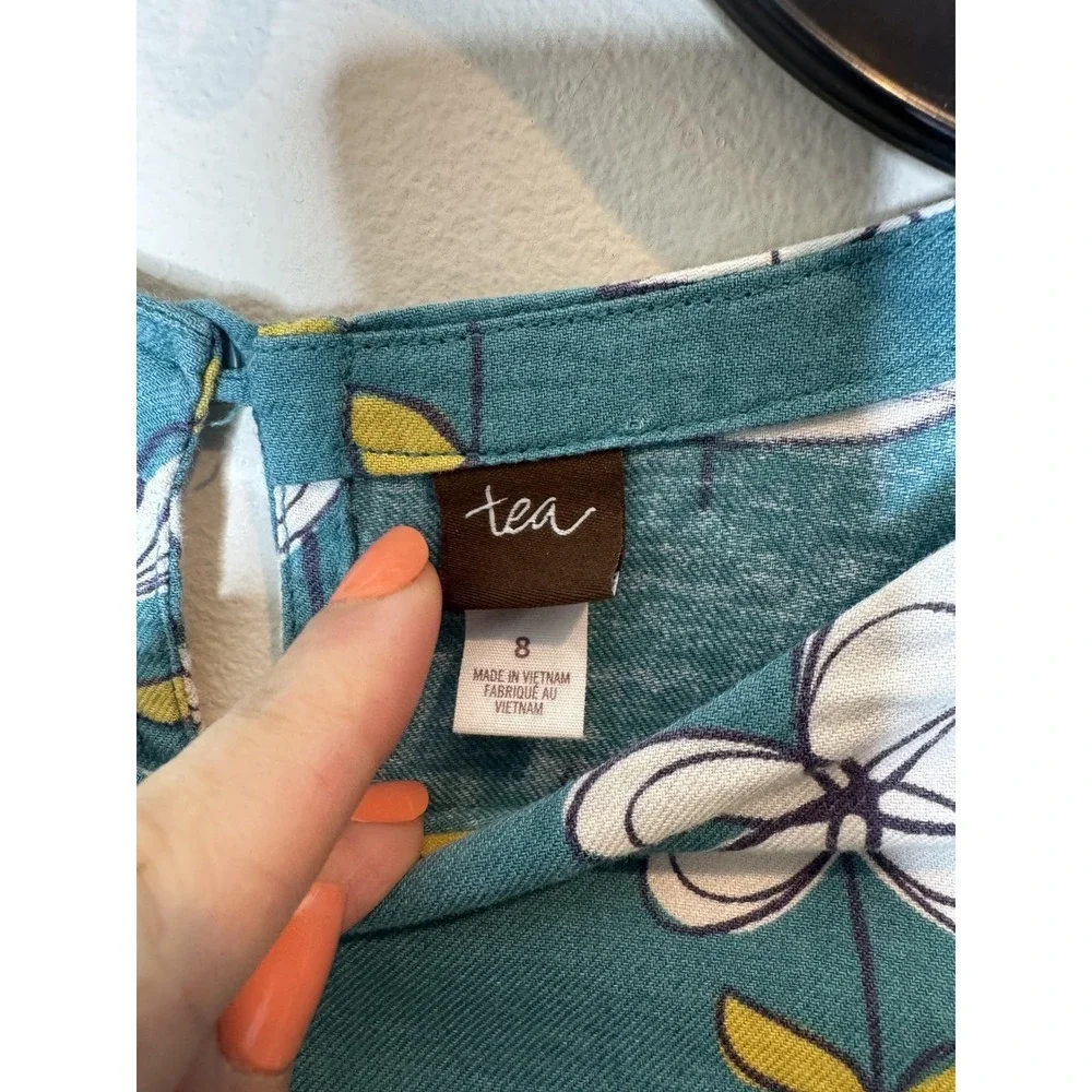 Tea Collection‎ Dress Girls 8 Blue Floral Short Sleeve Pockets Cotton Knit